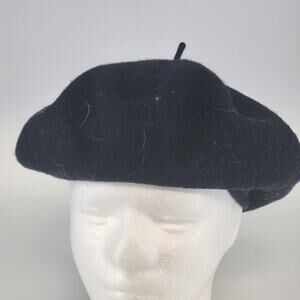 French Beret Black 100% Wool Classic Artist Paris Style Cap 11" Size 7 Vintage